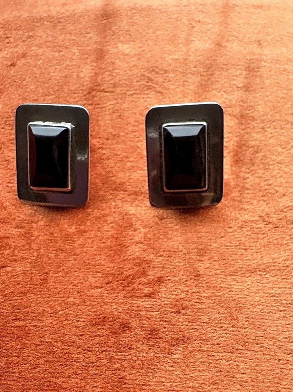 Vintage 925 Sterling Silver Black Onyx Rectangle Screw Back Earrings Signed
